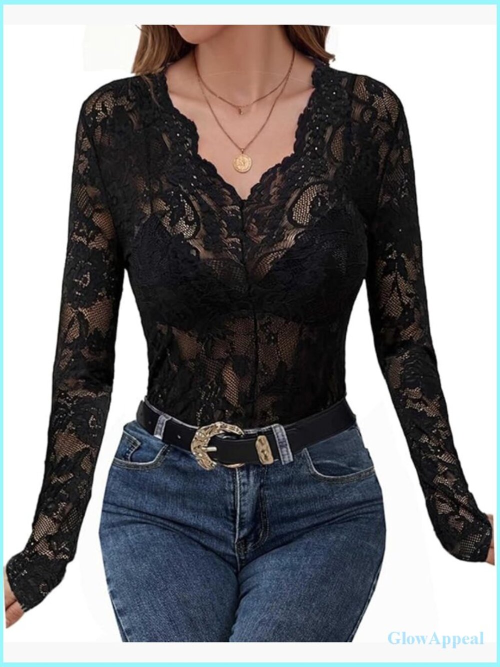 Lace Long Sleeve Blouse Sheer V Neck Floral Mesh Top Going Out Trendy Elegant
